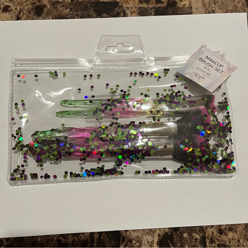 OP Glitter Makeup Brush Set with Green, Pink, and Purple Handles